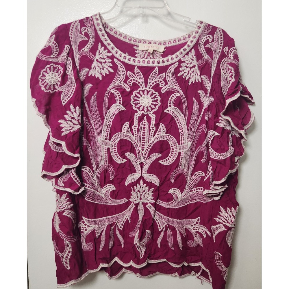 Solitaire Embroidered Ruffle Short Sleeve Top‎ Purple Size Large Boho Bohemian